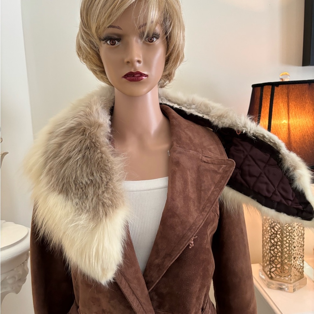 1970 Vintage Suede Elegant Brown Faux Fur Collar Coat - Picture 11 of 16